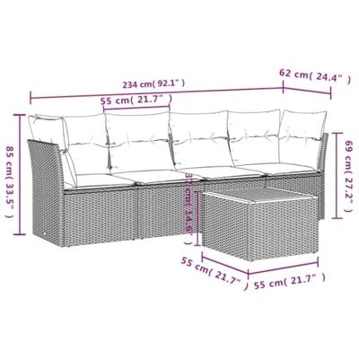 5-delige Loungeset met kussens poly rattan gemengd beige