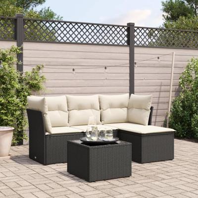 5-delige Loungeset met kussens poly rattan zwart