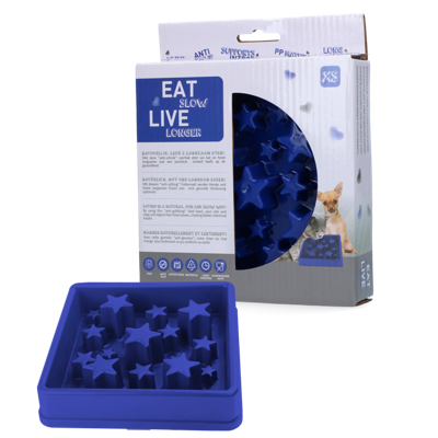 Eat Slow Live Longer Star Feeder XS - 14 x 14 cm - Anti Kauw-voerbak - Langzame voederbak voor honden - Hondenbak - Antislip - Geschikt voor kleinere honden - Anti-schrokbak - Blauw
