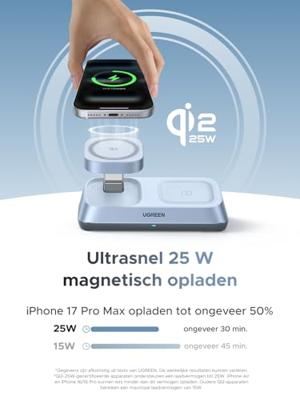 UGREEN W711 3-in-1 25W Magnetic Charger Wireless Charger 25 W Qi-standaard USB PD, Quick Charge Grijs Wireless Charger, USB Power Delivery (USB-PD), Snellader,