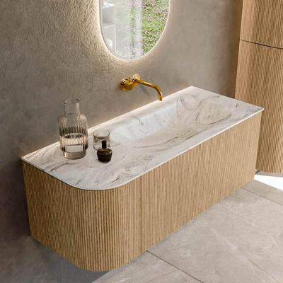 Mondiaz KURVE-DLUX 115 cm Onderkast Greeploos 1 Lade Met Deuren Oak, Wastafel Solid Surface Rechts Glace 0 Kraangaten Zonder Spiegel (KRVBGS115L1L1D0KR-Oak/Gla)