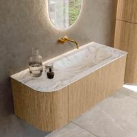 Mondiaz KURVE-DLUX 115 cm Onderkast Greeploos 1 Lade Met Deuren Oak, Wastafel Solid Surface Rechts Glace 0 Kraangaten Zonder Spiegel (KRVBGS115L1L1D0KR-Oak/Gla) - thumbnail