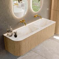 Mondiaz KURVE-DLUX 145 cm Onderkast Greeploos 1 Lade Met Deuren Oak, Wastafel Solid Surface Rechts Frappe 0 Kraangaten Zonder Spiegel (KRVLEA145L1L1D0KD-Oak/Fra) - thumbnail