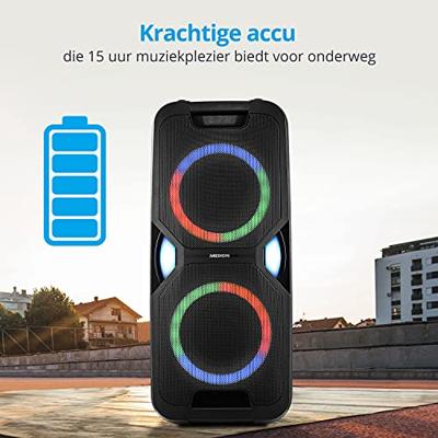 MEDION P67038 partygeluidssysteem (partyluidsprekers, karaoke, batterij, FM-radio, Bluetooth 5.0, compact systeem, 2x 220 watt, gekleurde LED, USB, AUX, 2x microfoonaansluiting)