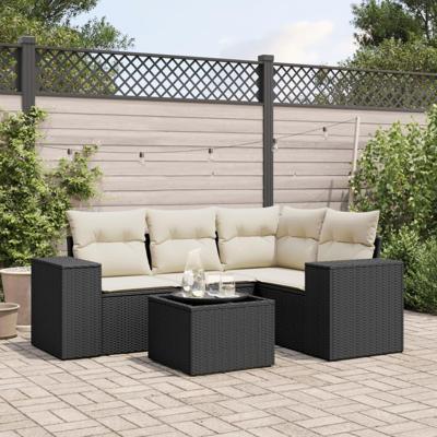 5-delige Loungeset met kussens poly rattan zwart