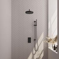 Brauer Stripe thermostatische inbouw regendouche 3-weg rechthoekig SET 20 met 25 cm douchekop en gebogen muurarm en staaf handdouche en doucheslang en geintegreerde glijstang mat zwart - thumbnail