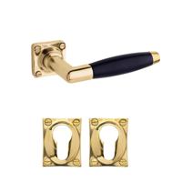 De Oude Deurklink Deurklink klassiek geveerd, messing gelakt, cilinderrozet, vierkant - thumbnail