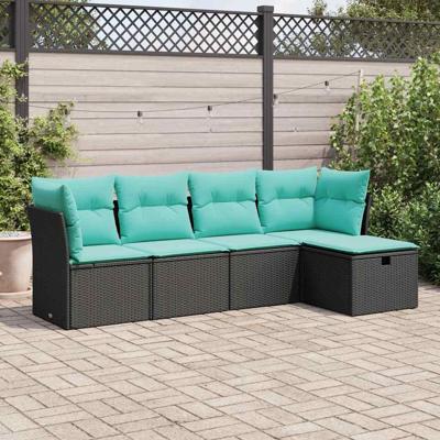 5-delige Loungeset met kussens poly rattan zwart