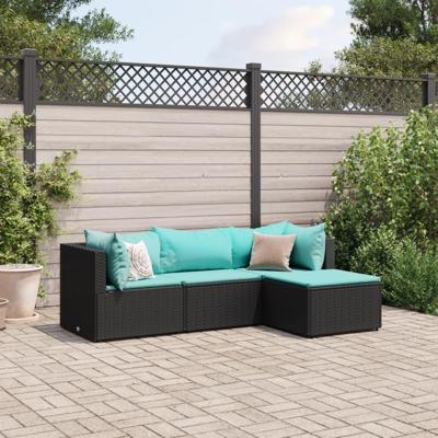 4-delige Loungeset met kussens poly rattan zwart