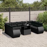 10-delige Loungeset met kussens poly rattan zwart - thumbnail