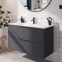 Saqu Lima badmeubel incl. glans witte keramische wastafel 100x46x61cm gebrand zwart - mat zwarte greep - thumbnail