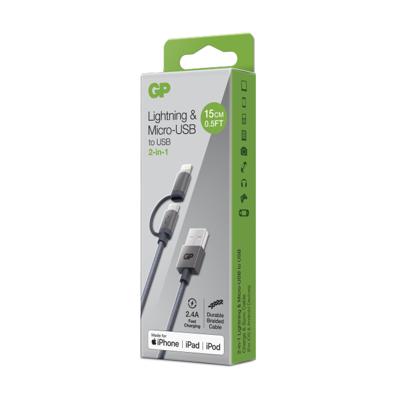 GP CB03 Charge & Sync kabel, 2-in-1 Micro USB + Lightning connector GP CB03 Charge & Sync kabel, 2-in-1 Micro USB + Lightning connector