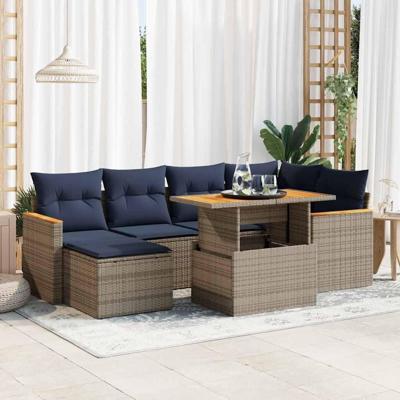 7-delige Loungeset met kussens poly rattan grijs