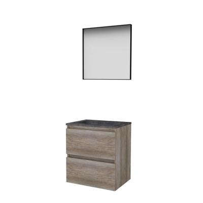 Basic-Line Framed 46 Badkamermeubelset - 60 x 46 cm - Greeploos - 2 Lades - Hardstenen Wastafel - Zonder Kraangat - Spiegel met Zwart Aluminium Frame - Scotch Oak