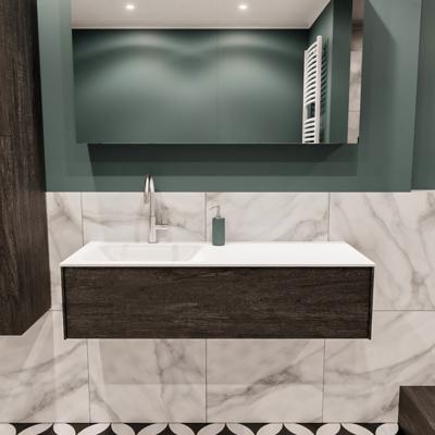 Mondiaz Lush Cloud badmeubel eiken Dark brown 120 cm 1 lade solid surface enkele spoelbak links 1 kraangat