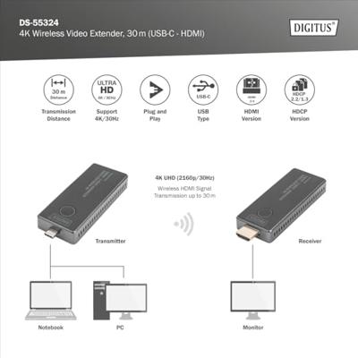 Digitus DS-55324 Draadloze HDMI-set 30 m 3840 x 2160 Pixel Geïntegreerde LED-weergave, Mobiele variant Digitus DS-55324 Draadloze HDMI-set 30 m 3840 x 2160 Pixel Geïntegreerde LED-weergave, Mobiele variant