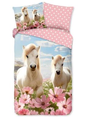 Good Morning Kinderdekbedovertrek "witte paarden met bloemen" - Roze - (140x200 cm) - Katoen Good Morning Kinderdekbedovertrek "witte paarden met bloemen" - Roze - (140x200 cm) - Katoen