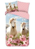Good Morning Kinderdekbedovertrek "witte paarden met bloemen" - Roze - (140x200 cm) - Katoen - thumbnail