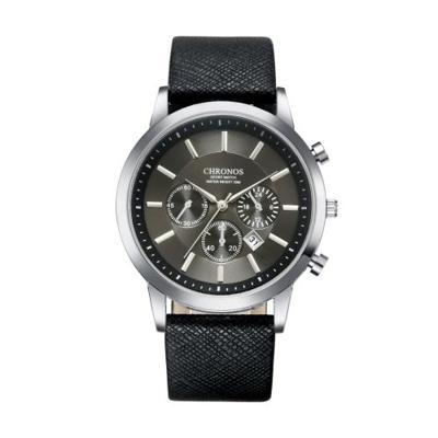 CHRONOS CH0401 drie-oog zes-naald lederen riem sport horloge voor mannen (zwart)