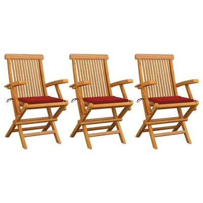 VidaXL Klapstoelen met rode kussens, 3 stuks, massief teakhout