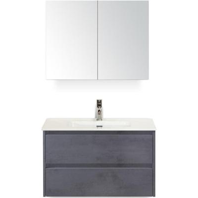 Dante Badmeubelset 80 cm - Beton Antraciet - Keramische Wastafel Wit Cover met Spiegelkast