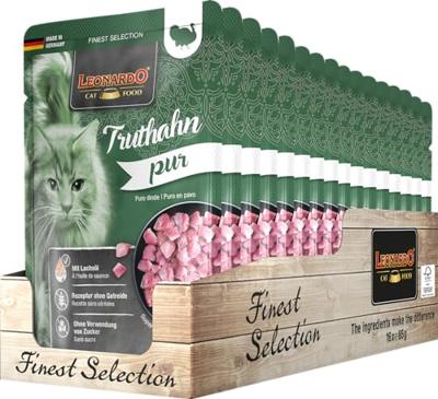 Leonardo Finest Selection Pure kalkoen, dubbelpak, 2 x 16 x 85 g, natvoer voor volwassen katten, in praktische afzonderlijke porties, met waardevolle zalmolie
