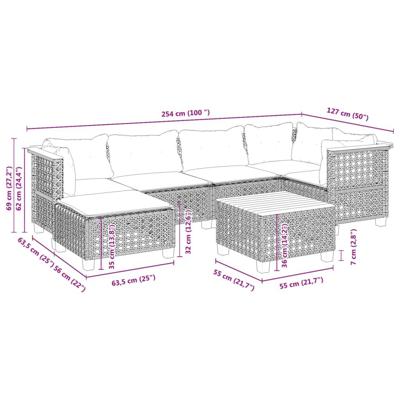 7-delige Loungeset met kussens poly rattan grijs