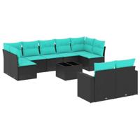 10-delige Loungeset met kussens poly rattan zwart - thumbnail