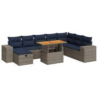 9-delige Loungeset met kussens poly rattan acacia grijs - thumbnail