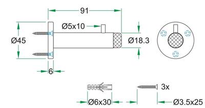 Deurbuffer wandmontage ø45x91mm rvs mat Deurbuffer wandmontage ø45x91mm rvs mat