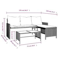 Tuinbank met tafel en kussens L-vormig poly rattan lichtgrijs - thumbnail
