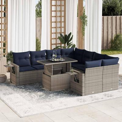 9-delige Loungeset met kussens poly rattan acacia zwart