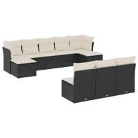 10-delige Loungeset met kussens poly rattan zwart - thumbnail
