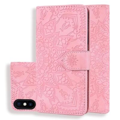 Kalf patroon dubbele vouwen ontwerp reliëf lederen draagtas met portemonnee & houder & kaartsleuven voor iPhone XS/X (roze)