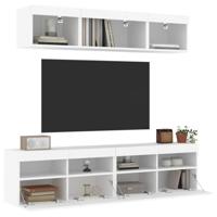 5-delige Tv-wandmeubelset met LED-verlichting bewerkt hout wit - thumbnail