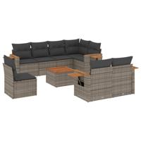 9-delige Loungeset met kussens poly rattan grijs - thumbnail
