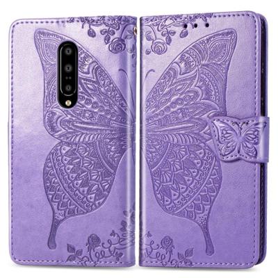 Butterfly Love bloemen reliëf horizontale Flip lederen case voor OnePlus 7 Pro met houder & kaartsleuven & portemonnee & Lanyard (licht paars)