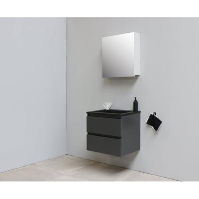 On-Line Badkamermeubelset - 60 cm - Voorgemonteerd - Ladestructuur - Acryl Wastafel - zonder Kraangat - Spiegelkast - Mat Antraciet