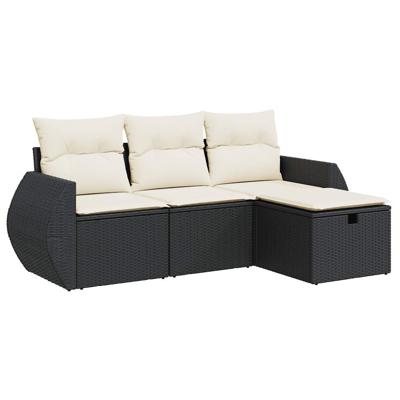 4-delige Loungeset met kussens poly rattan zwart
