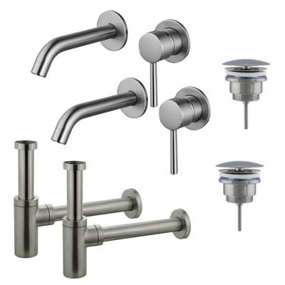 Fortifura Calvi Slim Wastafelkraanset - voor dubbele wastafel - inbouw wastafelkraan - always open plug - design sifon - Geborsteld RVS PVD (RVS) 2x SW377860/2x SW696207/2x SW696212