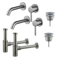 Fortifura Calvi Slim Wastafelkraanset - voor dubbele wastafel - inbouw wastafelkraan - always open plug - design sifon - Geborsteld RVS PVD (RVS) 2x SW377860/2x SW696207/2x SW696212 - thumbnail