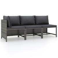 3-delige Loungeset met kussens poly rattan grijs - thumbnail