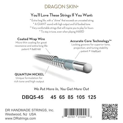 DR Strings Dragon Skin+ Coated Bass Strings 5-string Light 45-125 voor 5-snarige elektrische basgitaar DR Strings Dragon Skin+ Coated Bass Strings 5-string Light 45-125 voor 5-snarige elektrische basgitaar
