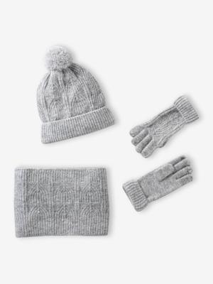 Set van muts + snood + wanten in kabelbreiwerk gemêleerd grijs