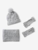 Set van muts + snood + wanten in kabelbreiwerk gemêleerd grijs - thumbnail