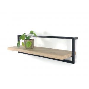 Industrieel zwart metalen wandrek met massief eiken boomstam plank 100 x 30 cm Industrieel zwart metalen wandrek met massief eiken boomstam plank 100 x 30 cm