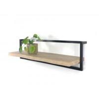 Industrieel zwart metalen wandrek met massief eiken boomstam plank 100 x 30 cm - thumbnail