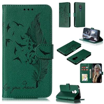Feather patroon Litchi textuur horizontale Flip lederen draagtas met portemonnee & houder & kaartsleuven voor Motorola Moto G7 Power (groen)
