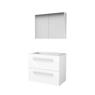 Basic-Line Comfort 46 Badkamermeubelset - 80 x 46 cm - Met Grepen - 2 Lades - Acryl Wastafel - Zonder Kraangat - Spiegelkast - Ice White