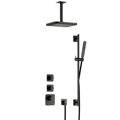 Hotbath Gal - Inbouw Regendoucheset - Geborsteld Gunmetal PVD - 2 Stopkranen - Thermostatisch - Plafondbuis 15 cm - Hoofddouche 220 mm - Staafhanddouche - Glijstang 900 mm - V01